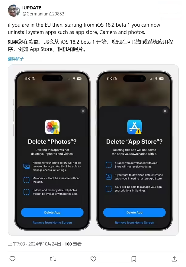 四子王苹果手机维修分享iOS 18.2 支持删除 App Store 应用商店 